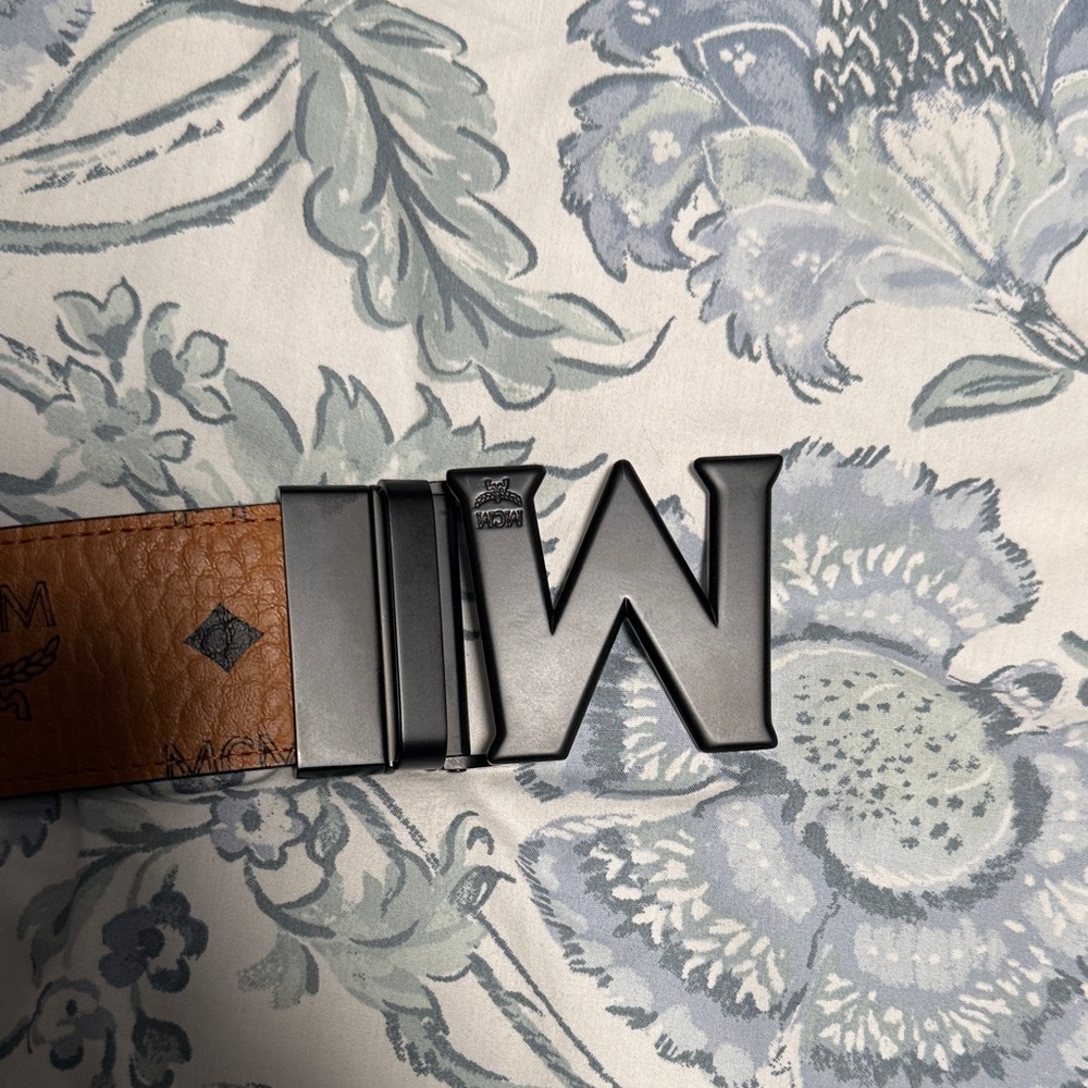 MCM Monogram reversible Leather Belt with Black M Buckle